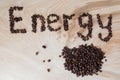 Word energy laid out from coffee grains on a wooden background Royalty Free Stock Photo