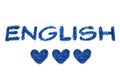 Word English and three abstract hearts of blue glitter on white background