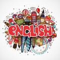 Word ENGLISH on white background with england elements and objects - educational and travelling concept. Vector fun