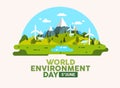 Word environment day. Landscape of nature use alternative energy sources solar panel and windmills