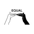 Word Equal in sign language. Two hand with different skin colors show sign that means equal. Equal rights concept. Stop racism.