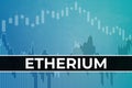 Word Etherium cryptocurrency on blue finance background from graphs, charts. Trend Up and Down. 3D render