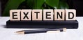 The word EXTEND is written on the wooden cubes of the diary near the handle