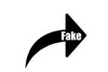 The word Fake on a black arrow is a repost or share sign. White isolated background. The concept of spreading lies