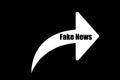 The word Fake News on a white arrow is a repost or share sign. Black isolated background. Media propaganda concept