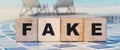 The word FAKE written on wooden cubes. Ocean landscape. Fake news facts concept Royalty Free Stock Photo
