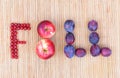 Word FALL made of ripe colorful berries and fruits - apples, plums, red current.