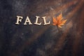 The word fall from wooden letters and a yellow dry leaf of a maple on a dark rustic background. Top view, place for text Royalty Free Stock Photo