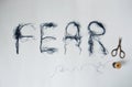 Word fear, blue thread and scissors over white Royalty Free Stock Photo