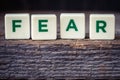 Word Fear, letters on the rustic background