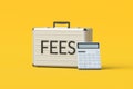 Word fees on suitcase near calculator. Hidden fee. Fixed charges