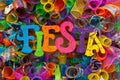 The word `fiesta` written in colorful letters with glitter and multicolored mash Royalty Free Stock Photo