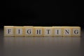 The word FIGHTING written on wooden cubes isolated on a black background Royalty Free Stock Photo