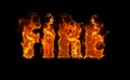 Word Fire on black background in red, fiery letters