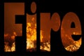 The word FIRE filled in with extreme close up of a wild grass fire in landscape format on black Royalty Free Stock Photo