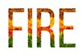Word fire written with leaves white isolated background, banner for printing, creative illustration of colored leaves. Royalty Free Stock Photo