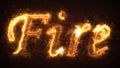 The word fire written with fire. Fire text word isolated on bricks background Royalty Free Stock Photo