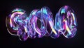 The word is formed by colorful glass swirls and shapes. The letters are made of luminous, translucent elements