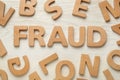 Word Fraud surrounded by wooden letters on white background, flat lay