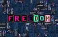 The word freedom as letters, unique typeset symbols over abstract mosaic pattern background