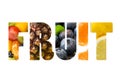 The word FRUIT composite with different types of fruit photo inside