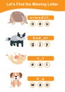 Word game sheet. Complete the words. Animals Theme Names Worksheet. Royalty Free Stock Photo