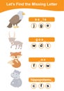 Word game sheet. Complete the words. Animals Theme Names Worksheet. Royalty Free Stock Photo