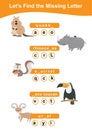 Word game sheet. Complete the words. Animals Theme Names Worksheet. Royalty Free Stock Photo