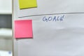 Word goals together with pink and yellow paper stickers attached to a flip chart