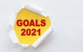 Word - 2021 goals on yellow background top view of white torn paper. Set goals, tasks to be achieved Royalty Free Stock Photo