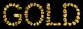 Word GOLD made of golden stones on black background isolated close up, letters made of shiny gold nuggets, yellow metal rocks