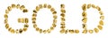 Word GOLD made of golden stones on white background isolated close up, letters made of shiny gold nuggets, yellow metal rocks
