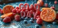 the word good day is made of raspberries , blueberries , oranges and strawberries Royalty Free Stock Photo