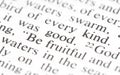 Word good highlighted in the bible text line object detail, macro, extreme closeup, selective focus. Kindness, goodness