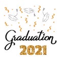 Word graduation with graduate caps on white background. Caps thrown up. Design of banner, greeting, invitation card Royalty Free Stock Photo