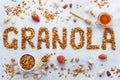 Word granola made of baked oats granola. Background