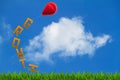 The word growth on grass tied up to red balloon with word targets on blue sky background