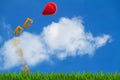 The word growth on grass tied up to red balloon with word targets on cloudy blue sky background