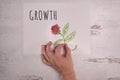 The word Growth painted on paper with sketched rose real hand holding flower stem
