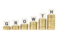 Word GROWTH on Row of Gold Coin Stacks Isolated White Royalty Free Stock Photo