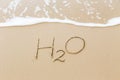 Word H2O written in sand beach, water concept. Royalty Free Stock Photo