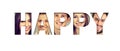 Word happy made of cheerful smiling young faces