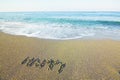 Word happy written on beach sand