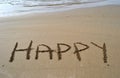 The word happy written in the sand