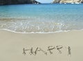 The word Happy written in the sand Royalty Free Stock Photo