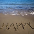 Word happy written on sand