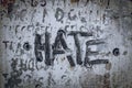 The word hate written on a industrial background