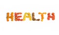 The word health written in slices of cherry tomatoes