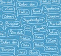 Hello, European languages, seamless pattern, contour drawing, monochrome, blue, vector