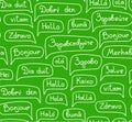 Hello, European languages, seamless pattern, contour d rawing, monochrome, green, vector